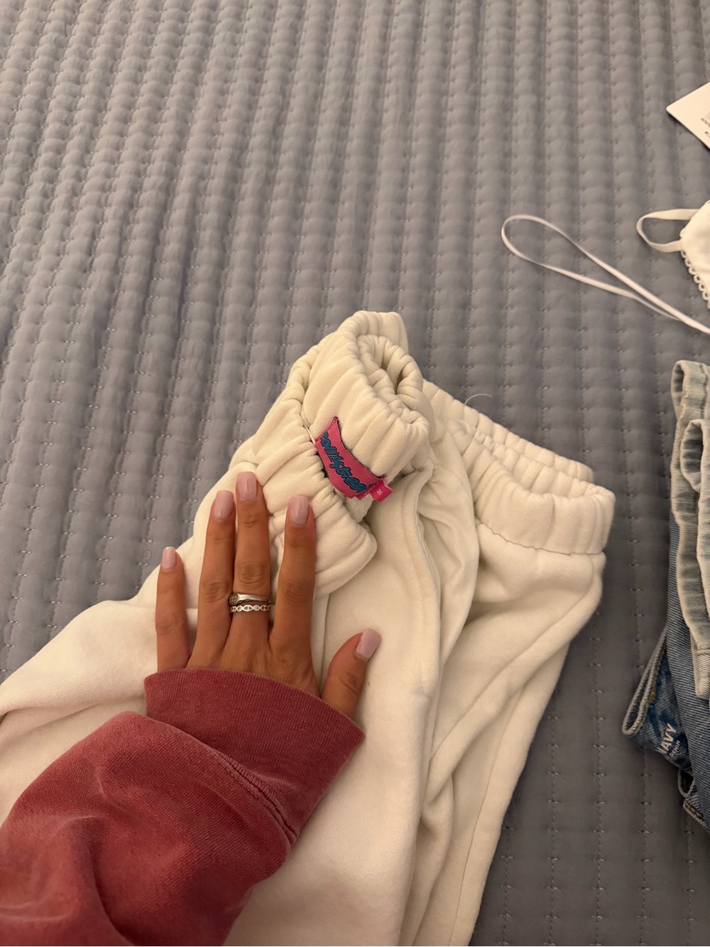 Edikted Cream Sweatpants with Pink Logo Tab